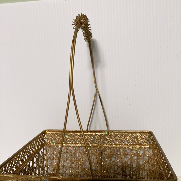 GOLD TONE Sparkly Glitter Wire Rectangle Basket w Handle 12 x 7.5 x6.5 inches - Picture 10 of 15